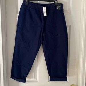 New navy blue slim low waist crop pants w/tie waistband-smoke free home